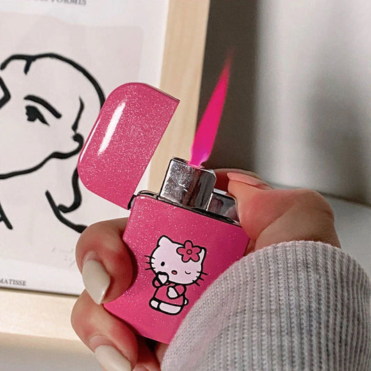 Hello Kitty Lighter Cute Lighter Pink Glitter Lighter Kitty Pink Flame Pocket Lighter Windproof Lighter For Girls Refillable Kawaii Cute Y2K Aesthetic Gifts For Girls